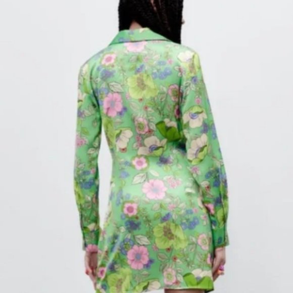 ZARA MS SIZE SMALL LIGHT GREEN WITH MULTI-COLOR FLORAL PRINT SATIN LIKE DRESS - Picture 3 of 12